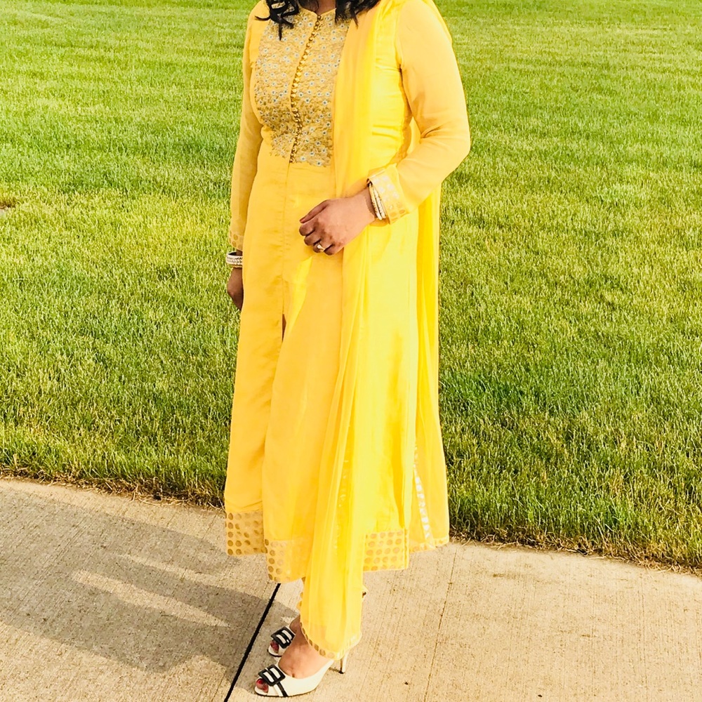 Yellow pajama suit with elegant gold embroidery